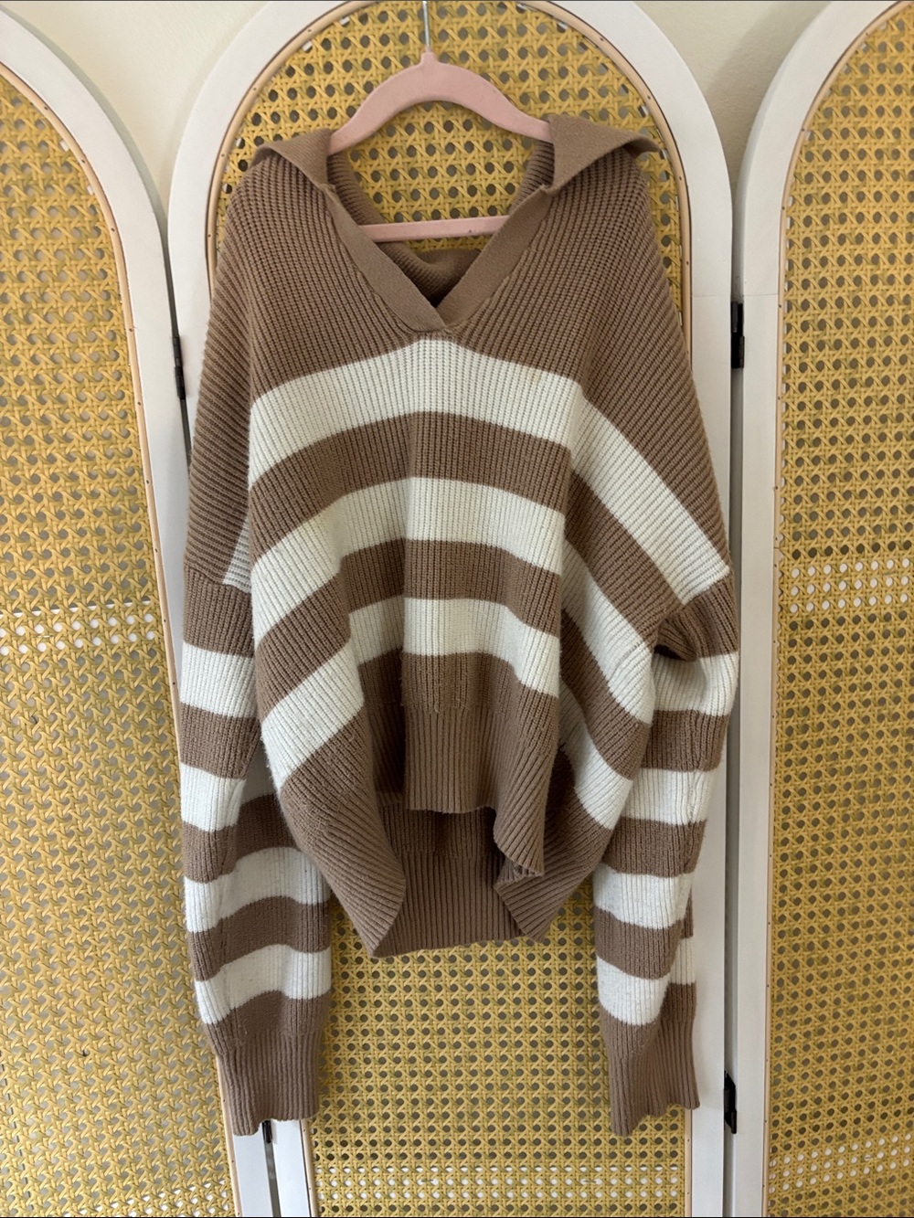 Tan and White Striped Collard Cropped Sweater Large